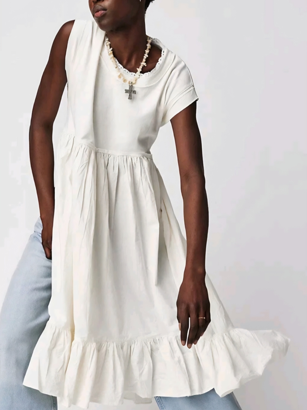 Free People Cream Ruffle-Hem Midi Dress